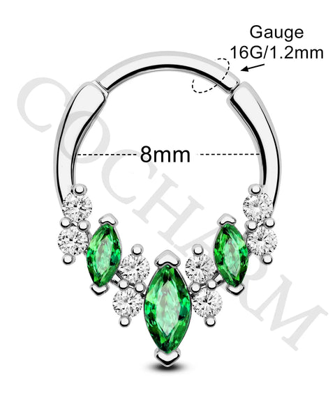 Blue CZ V Shape Septum Ring 16G Stainless Steel Helix Daith Piercing Jewelry, green gemstones, 8mm, hypoallergenic