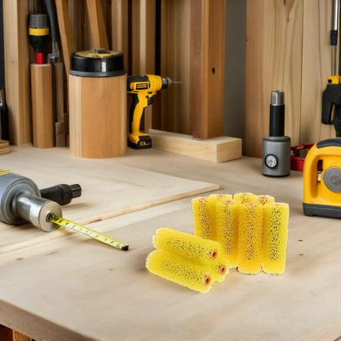 Forty Pack Textured Wall Painting Sponge Rollers With Bounce Back Elastic Covers For No Fuss Exterior Coating And A Knockout Slick Professional Shine Always on a workbench.