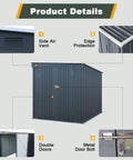 Product details of Six By Eight Ft Lean To Shed With Skylight And Double Doors, featuring side air vent, edge protection, and metal door bolt.