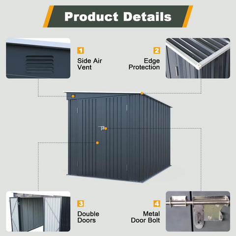Product details of Six By Eight Ft Lean To Shed With Skylight And Double Doors, featuring side air vent, edge protection, and metal door bolt.