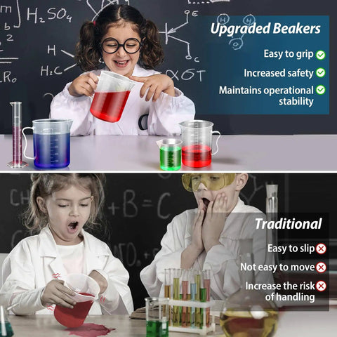 Child using Upgraded Plastic Graduated Cylinder And Beaker Set With Easy Grip Handles Includes Extra Pipettes And Test Tube Brush Cylinders 10ml 25ml 50ml 100ml And Beakers 50ml 100ml 250ml 500ml 1000ml For DIY Nerds And Science Lab in classroom.