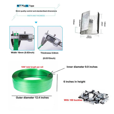 Rock Solid Green Pet Strapping Roll, 1000Ft By 5/8 Inch Wide Heavy Duty Baling Tape with 100 buckles and size details.