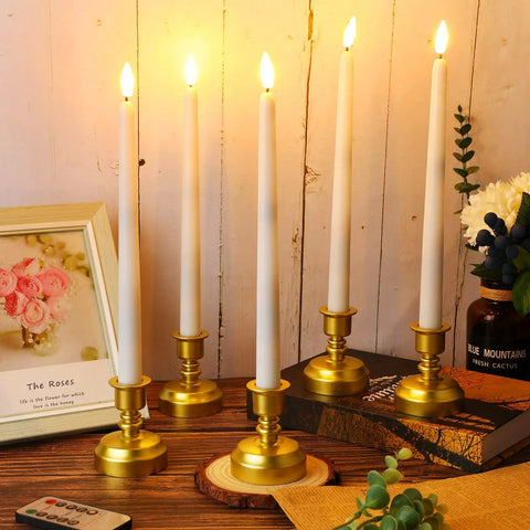 24 Pack Flameless Taper Candles With Remote Control And Timer Realistic 3D Flickering LED Flame White Tapers With Gold Bases