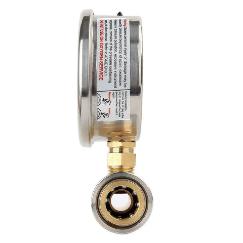 Side view of Glycerin Filled Two And A Half Inch Pressure Washer Gauge Kit Pro Grade With 0-6000 PSI Range three eighths inch quick connect