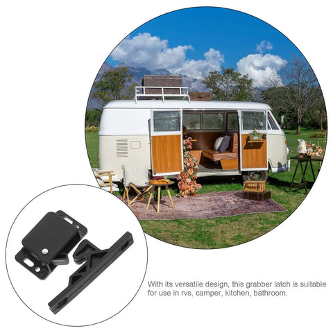 Push Open Cabinet Catch With Side Mounted Design shown beside camper van setup for RV cabinets and home use