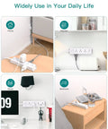 Ultra Slim Flat Plug Power Strip With Twelve Outlets And Three Sided Access Smooth Operator Five Foot Extension Cord used in home, kitchen, study, and bedroom.