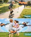 4K GPS Drone With Real Time FPV 5GHz Quad Copter Auto Return Home Follow Me Triple Obstacle Avoidance Beginner Friendly SD Card Slot Long Flight Time Under 249g capturing skateboarder and children playing.