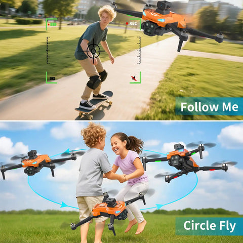 4K GPS Drone With Real Time FPV 5GHz Quad Copter Auto Return Home Follow Me Triple Obstacle Avoidance Beginner Friendly SD Card Slot Long Flight Time Under 249g capturing skateboarder and children playing.