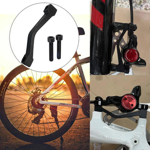 180mm Disc Brake Adapter Converter For Post Mount, Bike Mounting Bracket And Rotor Accessory, Fits Mountain Bikes With 74mm Hole Spacing, Durable Alloy Construction, No Fuss Install displayed with bike