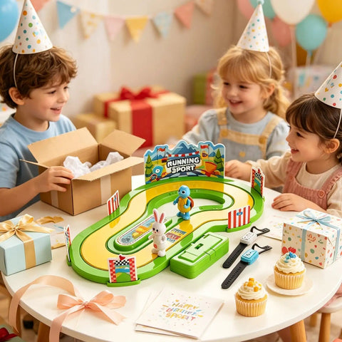 Children playing with Two Player Wireless Track Motion Toy With Realistic Speed Sensing For Immersive Family Racing Fun Interactive Motion Game Competitive Or Cooperative Modes Easy Setup Keeps Everyone Active And Engaged on a table