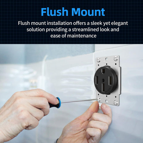 Person installing Heavy Duty 14-50R Outlet 120 240 Volt 50A Four-Prong Receptacle for RVs EVs Dryers on wall