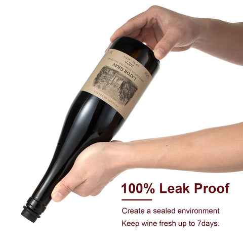 Hands holding a wine bottle sealed with Wine Saver Vacuum Pump Kit With Four Silicone Stoppers Keeps Opened Wine Fresh For Up To Seven Days