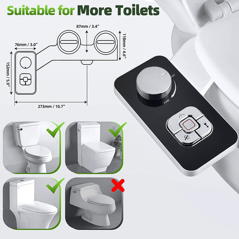 Must Have Non Electric Cold Water Bidet Toilet Seat Attachment With Pressure Controls And Retractable Self Cleaning Dual Nozzles For Front And Rear Wash In Black compatibility guide with knob switch details