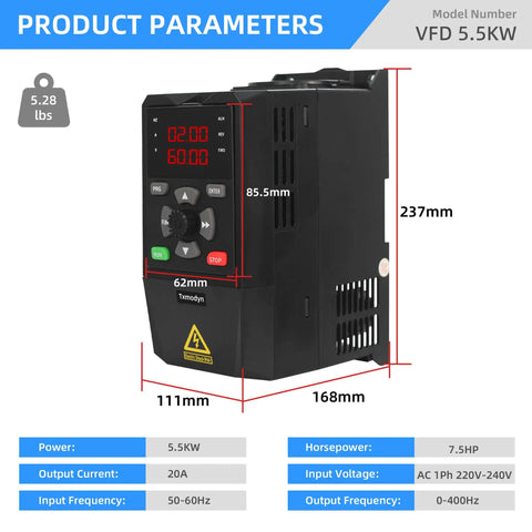 Beefy 5.5KW VFD Drive 1 Phase Input To 3 Phase Output 0-400Hz 220V Inverter Controller For Motors And Water Pumps 20A Compact 9.3 x 4.4 x 6.6 Inch Easy Install. black VFD drive with front display and size labels
