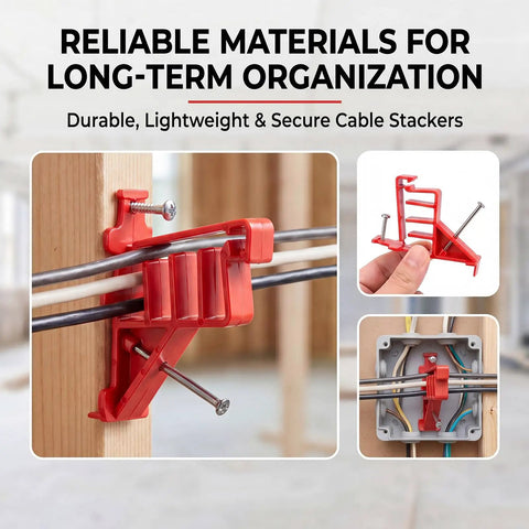 Lothee 200 Pack Red Cable Staples Clips With Steel Nails secured on wooden stud, organizing multiple cables for neat installation.