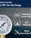 0-60 Psi Pressure Gauge With 2 Inch Dial And 1/4 NPT Lower Mount, Waterproof Stainless Steel Case, IP67 Rated, Built Tough For Pool Filters, Spa Water, Air Lines, Tire And MTB Pressure Tests. Displaying PRV-Tex design features.