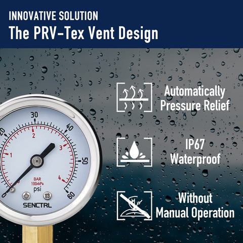 0-60 Psi Pressure Gauge With 2 Inch Dial And 1/4 NPT Lower Mount, Waterproof Stainless Steel Case, IP67 Rated, Built Tough For Pool Filters, Spa Water, Air Lines, Tire And MTB Pressure Tests. Displaying PRV-Tex design features.