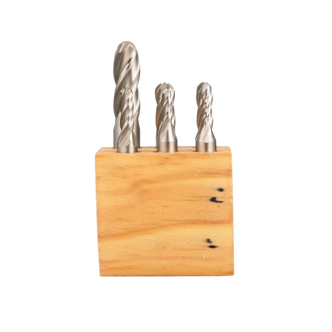 Wooden stand with 6 Piece M2 Ball Nose End Mill Set Pro Grade High Speed Steel 4 Flute Radius Bottom Milling For Slots Fillets And Contours