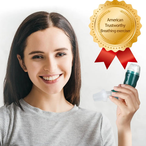 Woman holding Lung Workout Breathing Compact Device With PEP Therapy For Mucus Clearance Portable Handheld Exhalation Trainer Green
