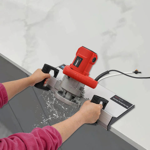 Heavy Duty Electric Tile Chamfering Cutter With Integrated Water Cooling Pump For Knocking Out Clean 43 Degree Bevels On Ceramic And Porcelain Tile in use.
