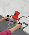 Heavy Duty 1200W Electric Tile Chamfering Tool Quits Rough Edges Fast With Tight 43 Degree Bevels On Ceramic And Porcelain in action.