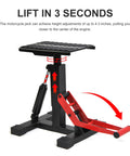 Dirt Bike Stand Lift Table With Adjustable Height For Easy Maintenance Heavy Duty Motorcycle Hoist Jack 330 LB Capacity Rugged Garage Bike Accessory Gear showing side view.