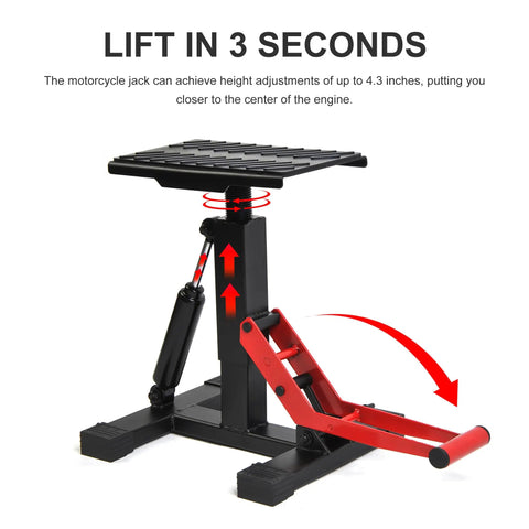 Dirt Bike Stand Lift Table With Adjustable Height For Easy Maintenance Heavy Duty Motorcycle Hoist Jack 330 LB Capacity Rugged Garage Bike Accessory Gear showing side view.