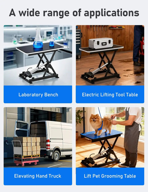 Smooth Operator Electric Scissor Lift Table 130 Lb Capacity Height Adjustable Work Platform With WiFi And Smart Remote Control for lab and pet grooming use.