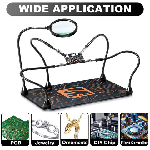 Front view: M-T Helping Hands soldering station with four flexible arms and magnifier over PCB on weighted steel base