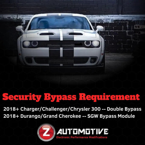 White Dodge Challenger with Tazer OBD2 Plug In Module For Dodge Challenger 2015 To 2023 parked in front of a brick wall.
