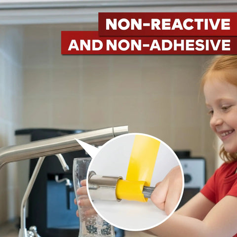Child near sink with zoom-in of pipe wrapped in Go To Self Fusing Silicone Tape Pro Yellow 1.5 Inch By 15 Feet Thick 30 Mil Non Adhesive Repair Tape