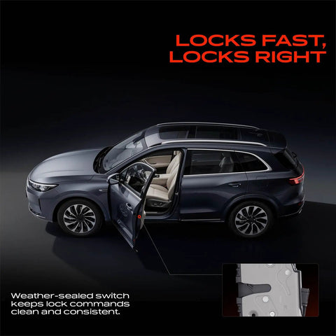 Rear Right Passenger Door Lock Actuator Direct Fit Replacement For Chevy Cadillac Buick shown in car with door open and weather-sealed switch.