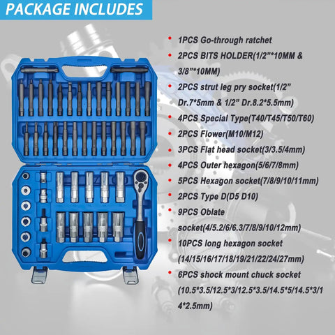 Beast 50 Piece Drive Shock Absorber Tool Kit with Go-Through Ratchet and various sockets in blue case