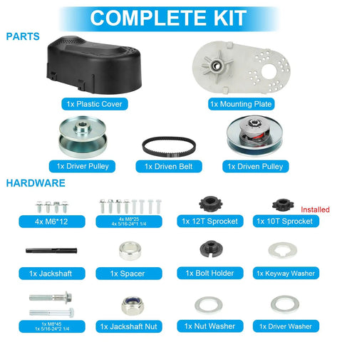 Complete kit components for Beefed Up 30 Series Torque Converter Kit For Predator 212cc Mini Bike And Go Kart with pulleys and hardware.