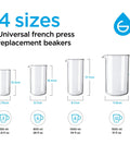 Four borosilicate glass French press replacement beakers for coffee/tea in 350 ml, 800 ml, 1000 ml, and 1500 ml sizes.