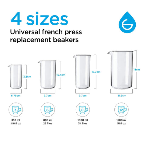 Four borosilicate glass French press replacement beakers for coffee/tea in 350 ml, 800 ml, 1000 ml, and 1500 ml sizes.