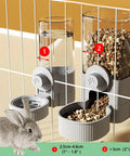 Automatic Gravity Food Feeder And Water Dispenser Combo Featuring 40 Oz Grain Bin And 17 Oz Leakproof Sipper Bottle For Rabbits Guinea Pigs Chinchillas Ferrets Cage Mount Feeding Station Grey with water and food dispenser for small pets.