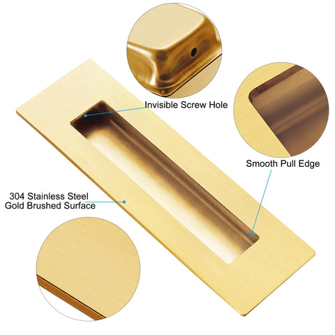 6 Inch Recessed Finger Flush Door Pulls For Pocket And Sliding Barn Doors In Brushed Gold Stainless Steel with smooth edges