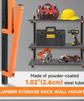 Hella Strong Wall Mounted Lumber Rack Six Pack Wood Storage Organizer Built Tough 1080 Pound Capacity showing tools and storage layout.