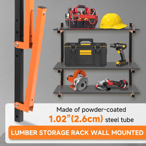 Hella Strong Wall Mounted Lumber Rack Six Pack Wood Storage Organizer Built Tough 1080 Pound Capacity showing tools and storage layout.