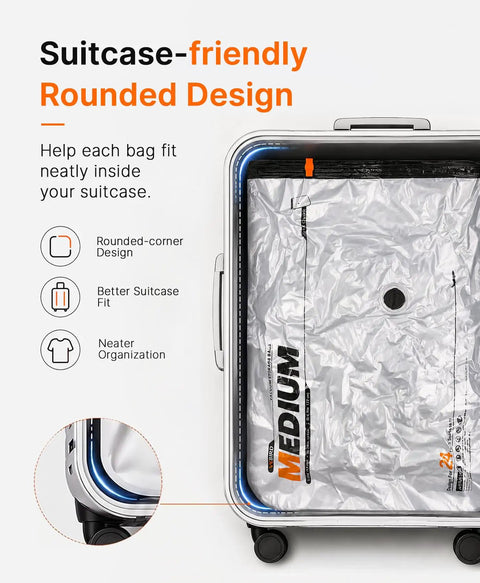 15 Pack Travel Vacuum Storage Bags With Dual Power Pump for clothes packed in suitcase showcasing rounded design