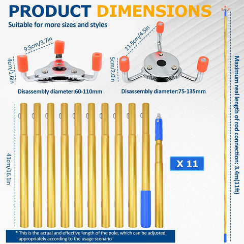 Extra Long 11 Foot Smoke Detector Removal Tool With Two Interchangeable Heads And Pro Gear Bundle dimensions and components.