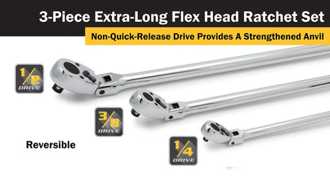 Three Piece 36 Tooth Extra Long Flex Head Ratchet Set With Comfort Grip Handles Built Tough From Chrome Vanadium Steel Reversible Ratcheting Includes One Quarter Inch Drive Twelve Inch Three Eighths Inch Drive Eighteen Inch And One Half Inch Drive Twenty displayed side by side