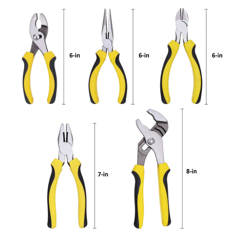 Five Piece Pliers Set With Eight Inch Groove Joint Pliers, Seven Inch Linesman Pliers, Six Inch Long Nose Pliers, and Slip Joint Pliers