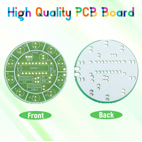 Front and back view of PCB from DIY Soldering Practice Kit With CD4017 Lucky Wheel LED Circuit Board Learn Electronics Fun Project