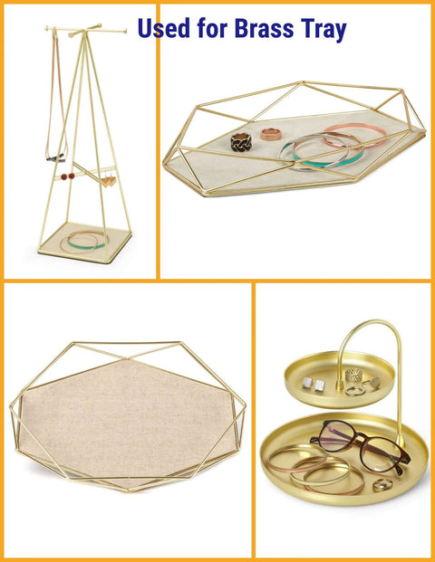 Geometric brass trays and stands with jewelry, showcasing usage for organizing rings and bracelets.