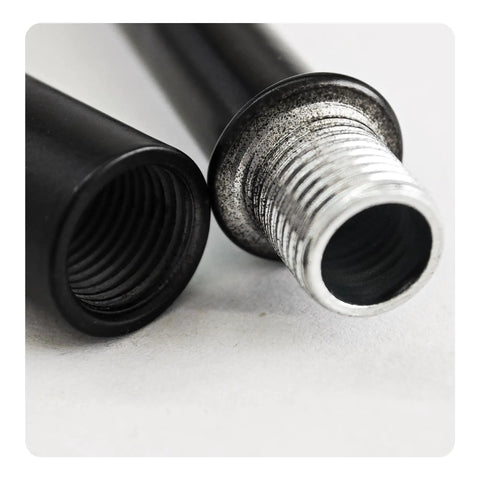 Top Tier Four Pack Black Lamp Stem Extension Kit Two Inch Straight Pipe Rods With Solid Couplings M10, close-up of threaded ends.