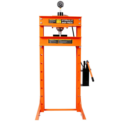 30 Ton Hydraulic Shop Press With Adjustable H Frame And Gauge, Dual Pump, Steel Construction, Garage Grade Metalworking Press Orange
