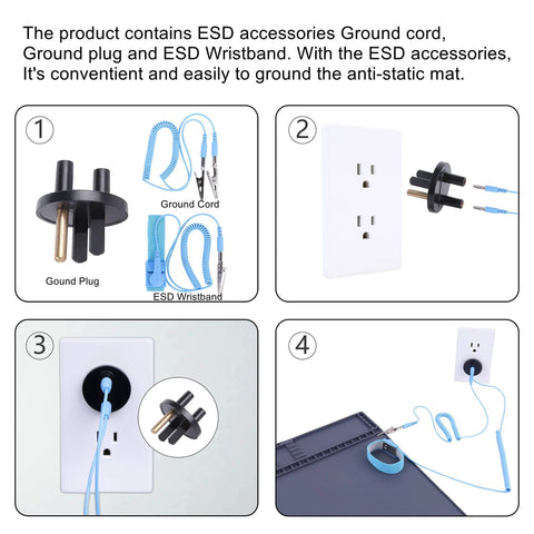 Premium heat-resistant ESD work mat with grounding kit; ground plug, cord, and blue wristband.