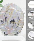 Elongated Resin Toilet Seat for Bathroom with marble design, 14.5" x 18.5", stainless steel hinges, quick release feature.